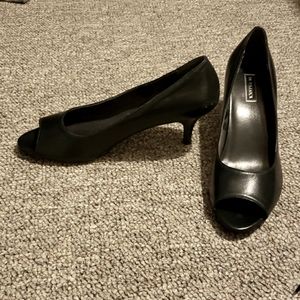 Navy blue peep toe pumps, size 9.5